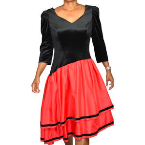 Vintage 80s Black Velvet Dress Red Asymmetrical Tiered Stretch Handmade Large
